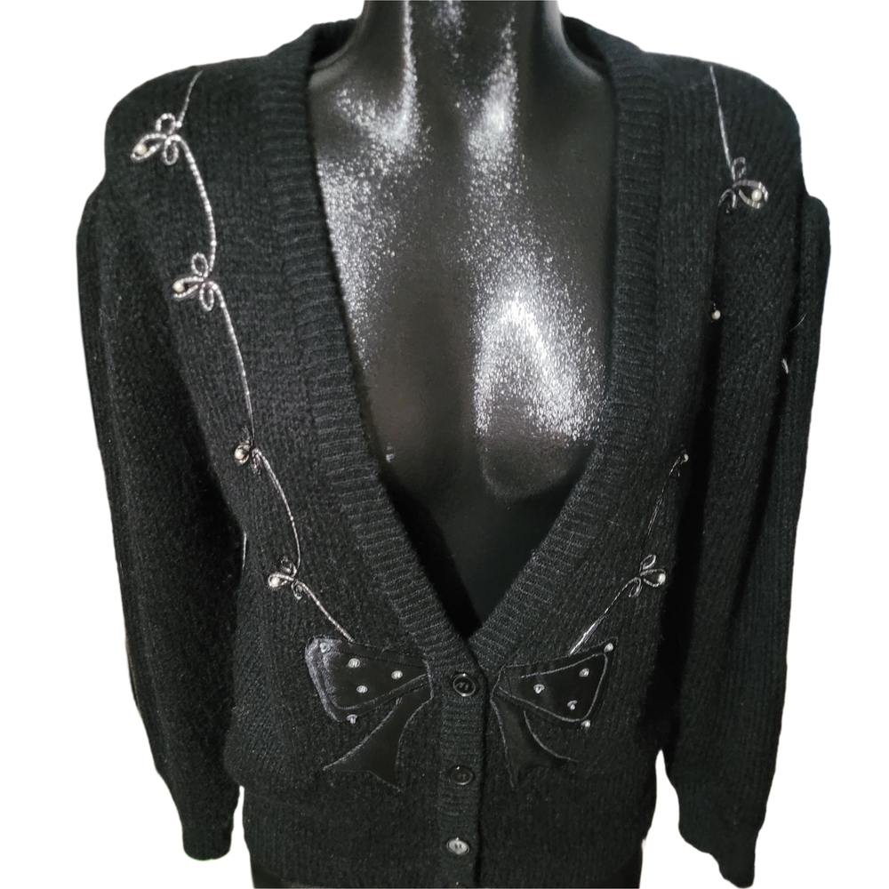 Vintage Iced Tea Black Cardigan Sweater with Bow Accents Size M